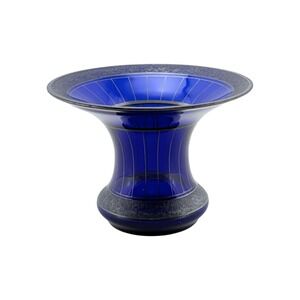 Antique Cobalt Blue Glass Vase Silver Striped Textured Trim Flared Rim 5" Tall